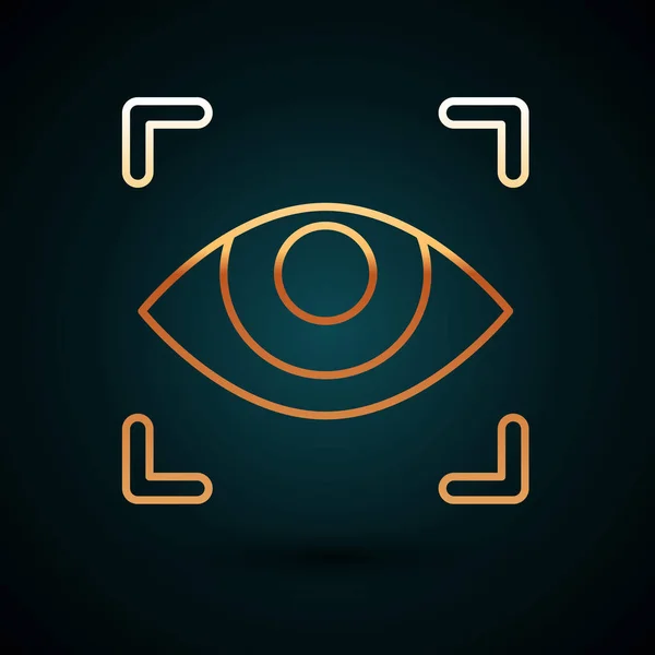 Gold line Eye scan icoon geïsoleerd op donkerblauwe achtergrond. Ik scan het oog. Veiligheidscontrole symbool. Cyberoogteken. Vector Illustratie — Stockvector