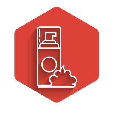 Beyaz çizgi tıraş köpüğü ikonu uzun gölgeli. Tıraş köpüğü. Kırmızı altıgen düğmesi. Vektör İllüstrasyonu