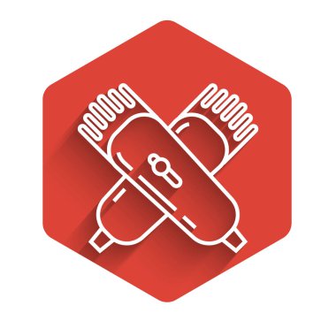 Beyaz çizgi, uzun gölgesi olan elektrikli saç makasıyla ya da tıraş ikonuyla kesişmiş. Berber dükkanı sembolü. Kırmızı altıgen düğmesi. Vektör İllüstrasyonu