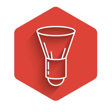 Tıraş fırçası simgesi uzun gölgeli beyaz çizgi. Berber dükkanı sembolü. Kırmızı altıgen düğmesi. Vektör İllüstrasyonu