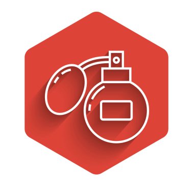 Uzun gölgeli beyaz çizgi tıraş losyonu ikonu. Parfüm spreyi ikonu. Erkek parfüm şişesi. Kırmızı altıgen düğmesi. Vektör İllüstrasyonu