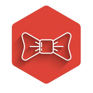 Beyaz çizgi papyon ikonu uzun gölgeli izole edilmiş. Kırmızı altıgen düğmesi. Vektör İllüstrasyonu