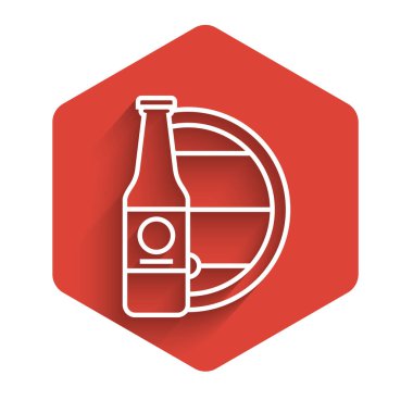 Beyaz çizgili bira şişesi ve uzun gölgeli ahşap varil ikonu. Kırmızı altıgen düğmesi. Vektör İllüstrasyonu