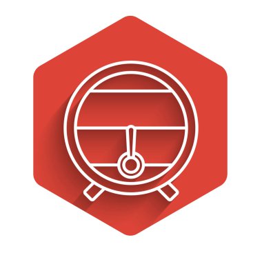 Askıda beyaz çizgi ahşap varil ve uzun gölgeli ikon var. Kırmızı altıgen düğmesi. Vektör İllüstrasyonu