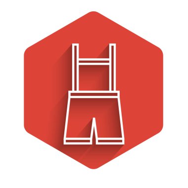 Beyaz çizgi Lederhosen ikonu uzun gölgeli izole edilmiş. Geleneksel Bavyera kıyafetleri. Oktoberfest kıyafeti. Pantolon ve pantolon askısı. Patrick günü. Kırmızı altıgen düğmesi. Vektör İllüstrasyonu