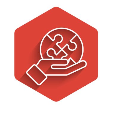 Eldeki beyaz çizgi yapboz parçası uzun gölgeli izole edilmiş. İş, pazarlama, finans, şablon, düzen, bilgi grafikleri konsepti. Kırmızı altıgen düğmesi. Vektör İllüstrasyonu