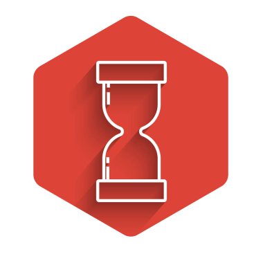 Beyaz çizgi. Uzun gölgeli kum ikonu akan eski kum saati. Kum saati işareti. İş ve zaman yönetimi kavramı. Kırmızı altıgen düğmesi. Vektör İllüstrasyonu