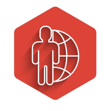 Beyaz çizgi Globe ve uzun gölgeli izole edilmiş insan ikonu. Küresel iş sembolü. Sosyal ağ simgesi. Kırmızı altıgen düğmesi. Vektör İllüstrasyonu