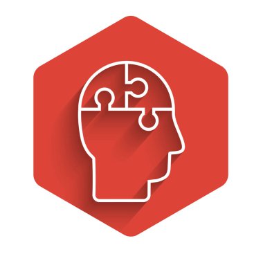 Beyaz çizgi insan kafası bulmaca stratejisi ikonu uzun gölgelerle izole edildi. Beyin işaretini düşünüyorum. Beynin sembol çalışması. Kırmızı altıgen düğmesi. Vektör İllüstrasyonu