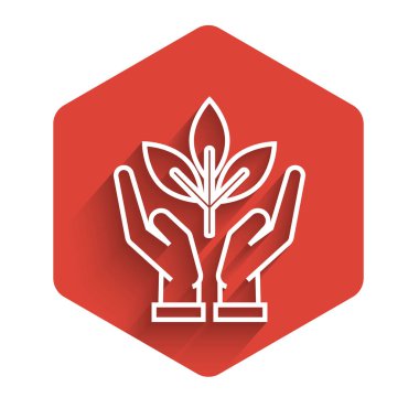 Çevre koruma ikonunun elindeki beyaz çizgili bitki uzun gölgeli izole edilmiş. Tohum ve tohum. Fidan dikiyorum. Ekoloji konsepti. Kırmızı altıgen düğmesi. Vektör İllüstrasyonu