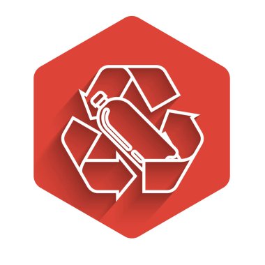 Beyaz çizgi, plastik şişe ikonunu uzun gölgeli olarak izole ediyor. Kırmızı altıgen düğmesi. Vektör İllüstrasyonu