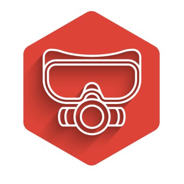 Beyaz çizgi dalış maskesi simgesi uzun gölgeli izole edildi. Olağanüstü bir spor. Spor malzemeleri. Kırmızı altıgen düğmesi. Vektör İllüstrasyonu