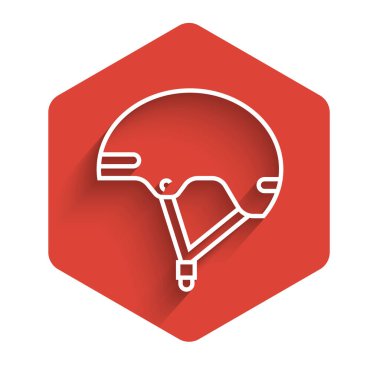 Beyaz çizgi miğfer simgesi uzun gölgeli izole edilmiş. Olağanüstü bir spor. Spor malzemeleri. Kırmızı altıgen düğmesi. Vektör İllüstrasyonu