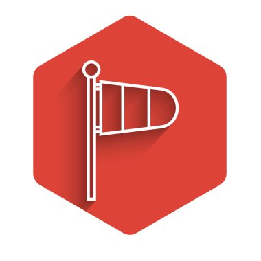 Beyaz çizgi koni meteoroloji rüzgar gülü ikonu uzun gölgeli izole edilmiş. Rüzgâr Sock rüzgarın yönünü ve gücünü gösteriyor. Kırmızı altıgen düğmesi. Vektör İllüstrasyonu