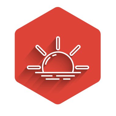 Beyaz çizgi gündoğumu simgesi uzun gölgeli izole edilmiş. Kırmızı altıgen düğmesi. Vektör İllüstrasyonu