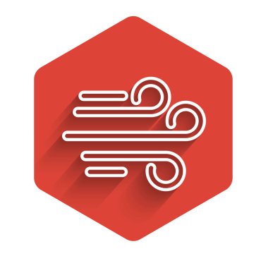 Beyaz çizgi rüzgar ikonu uzun gölgeli izole edilmiş. Rüzgarlı bir hava. Kırmızı altıgen düğmesi. Vektör İllüstrasyonu