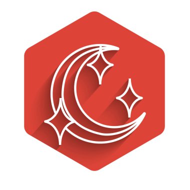 Beyaz çizgi Ay ve yıldız ikonu uzun gölgeli izole edilmiş. Kırmızı altıgen düğmesi. Vektör İllüstrasyonu