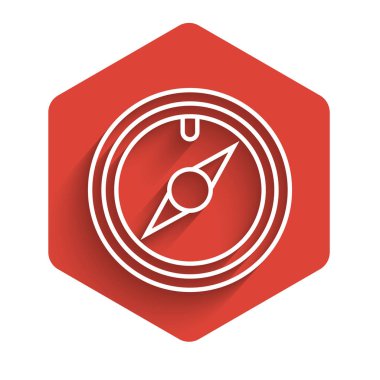 Beyaz çizgi rüzgar gül ikonu uzun gölgeli izole. Seyahat için pusula simgesi. Navigasyon tasarımı. Kırmızı altıgen düğmesi. Vektör İllüstrasyonu