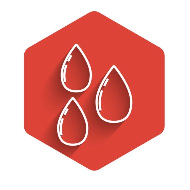 Beyaz çizgi Su damlası ikonu uzun gölgeli izole edilmiş. Kırmızı altıgen düğmesi. Vektör İllüstrasyonu