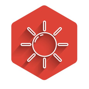 Beyaz çizgi güneş ikonu uzun gölgeli izole edilmiş. Kırmızı altıgen düğmesi. Vektör İllüstrasyonu