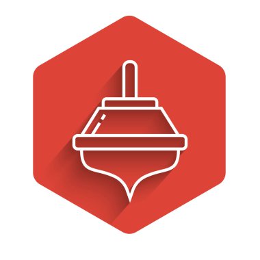 Beyaz çizgi Hanuka dreidel ikonu uzun gölgeli izole edilmiş. Kırmızı altıgen düğmesi. Vektör İllüstrasyonu