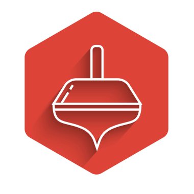 Beyaz çizgi Hanuka dreidel ikonu uzun gölgeli izole edilmiş. Kırmızı altıgen düğmesi. Vektör İllüstrasyonu