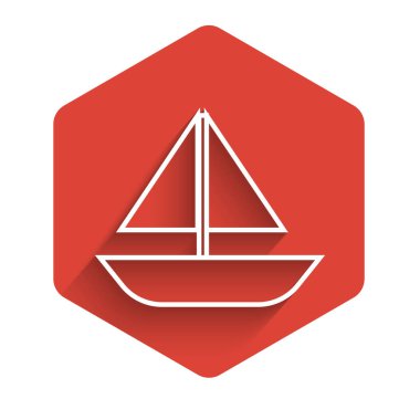 Beyaz çizgili yelkenli ya da uzun gölgeli gemi ikonu. Yelkenli deniz seyahati. Kırmızı altıgen düğmesi. Vektör İllüstrasyonu