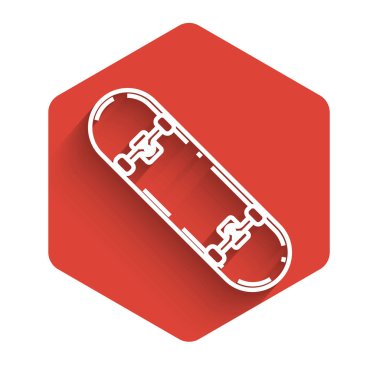 Beyaz çizgi kaykay ikonu uzun gölgeli izole edilmiş. Olağanüstü bir spor. Spor malzemeleri. Kırmızı altıgen düğmesi. Vektör İllüstrasyonu