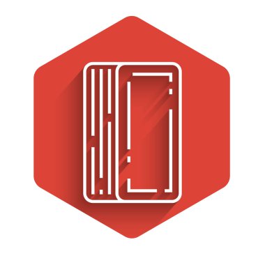 White line Deck of playing cards icon isolated with long shadow. Casino gambling. Red hexagon button. Vector Illustration