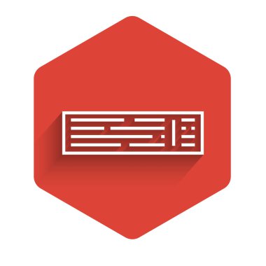 White line Deck of playing cards icon isolated with long shadow. Casino gambling. Red hexagon button. Vector Illustration