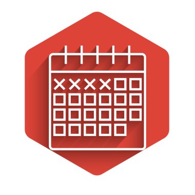 Beyaz çizgi takvim simgesi uzun gölgeli izole edildi. Kırmızı altıgen düğmesi. Vektör İllüstrasyonu