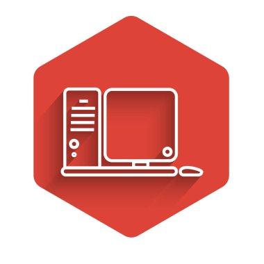 Klavye ve fare simgesine sahip uzun gölgeli beyaz çizgi bilgisayar monitörü. Bilgisayar bileşeni işareti. Kırmızı altıgen düğmesi. Vektör İllüstrasyonu