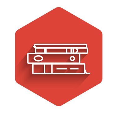 Beyaz Hat Ofis dosyaları, uzun gölgeli belge ve kağıtlar. Ofis dosyaları. Dosya arşivleme işareti. Kırmızı altıgen düğmesi. Vektör İllüstrasyonu