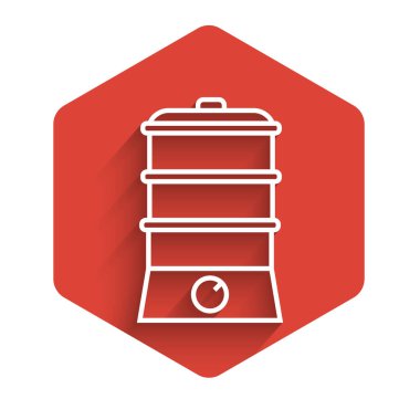 White line Double boiler icon isolated with long shadow. Red hexagon button. Vector Illustration