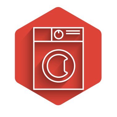 White line Washer icon isolated with long shadow. Washing machine icon. Clothes washer - laundry machine. Home appliance symbol. Red hexagon button. Vector Illustration