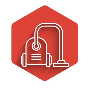 Beyaz çizgi elektrikli süpürge ikonu uzun gölgeli izole edilmiş. Kırmızı altıgen düğmesi. Vektör İllüstrasyonu