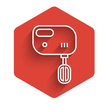 White line Electric mixer icon isolated with long shadow. Kitchen blender. Red hexagon button. Vector Illustration