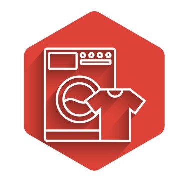 Beyaz çizgi yıkama ve uzun gölgeli tişört ikonu. Çamaşır makinesi simgesi. Çamaşır makinesi, çamaşır makinesi. Ev aletleri sembolü. Kırmızı altıgen düğmesi. Vektör İllüstrasyonu