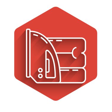 White line Electric iron and towel icon isolated with long shadow. Steam iron. Red hexagon button. Vector Illustration