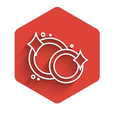 White line Washing dishes icon isolated with long shadow. Cleaning dishes icon. Dishwasher sign. Clean tableware sign. Red hexagon button. Vector Illustration