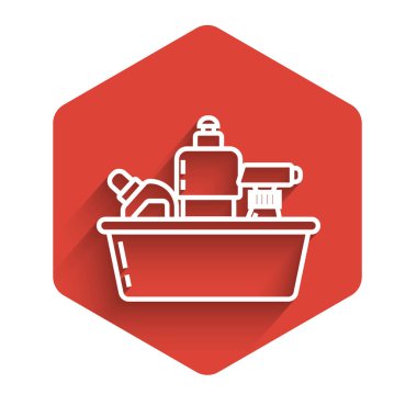 White line Plastic bottles for liquid laundry detergent, bleach, dishwashing liquid or another cleaning agent icon isolated with long shadow. Red hexagon button. Vector Illustration