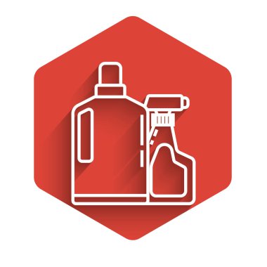 White line Plastic bottles for liquid laundry detergent, bleach, dishwashing liquid or another cleaning agent icon isolated with long shadow. Red hexagon button. Vector Illustration