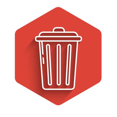 Uzun gölgeli beyaz çizgi çöp kutusu simgesi. Çöp kutusu tabelası. Sepet simgesini geri dönüştür. Ofis çöpü ikonu. Kırmızı altıgen düğmesi. Vektör İllüstrasyonu