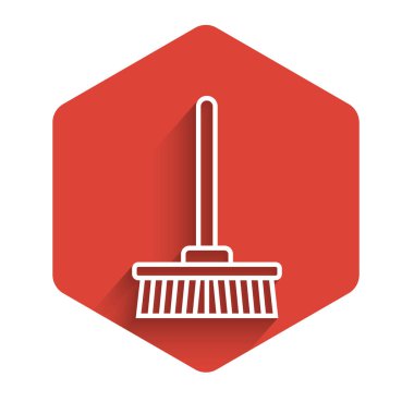 Beyaz çizgi paspas simgesi uzun gölgeli izole edildi. Temizlik hizmeti konsepti. Kırmızı altıgen düğmesi. Vektör İllüstrasyonu