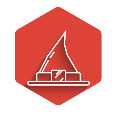 Beyaz çizgi cadı şapkası ikonu uzun gölgeli izole edilmiş. Mutlu Cadılar Bayramı Partisi. Kırmızı altıgen düğmesi. Vektör İllüstrasyonu