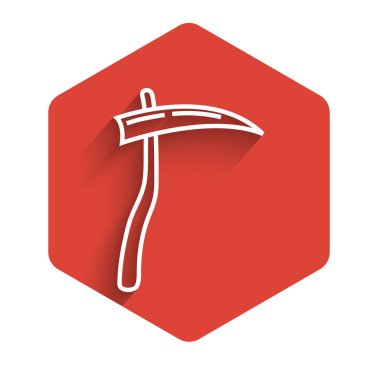 White line Scythe icon isolated with long shadow. Happy Halloween party. Red hexagon button. Vector Illustration