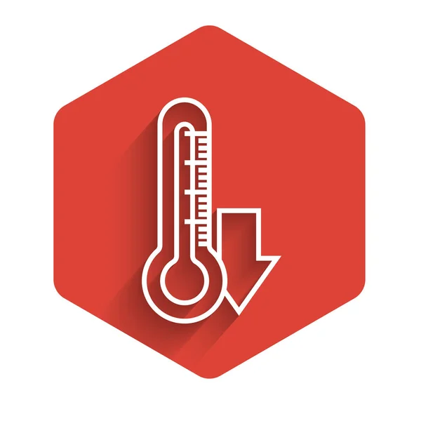 Linha branca Ícone do termômetro isolado com sombra longa. Botão hexágono vermelho. Ilustração vetorial — Vetor de Stock