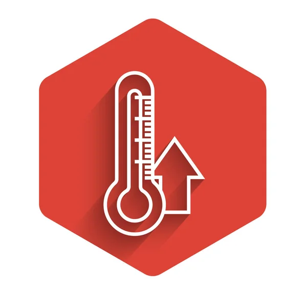 Weiße Linie Thermometer-Symbol isoliert mit langem Schatten. roter Sechskant-Knopf. Vektorillustration — Stockvektor