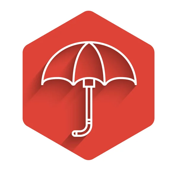 Ligne blanche Classique élégant ouvert icône parapluie isolé avec une ombre longue. Symbole de protection pluie. Bouton hexagonal rouge. Illustration vectorielle — Image vectorielle
