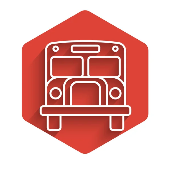 White line School Bus icon isolated with long shadow. Public transportation symbol. Red hexagon button. Vector Illustration — ストックベクタ